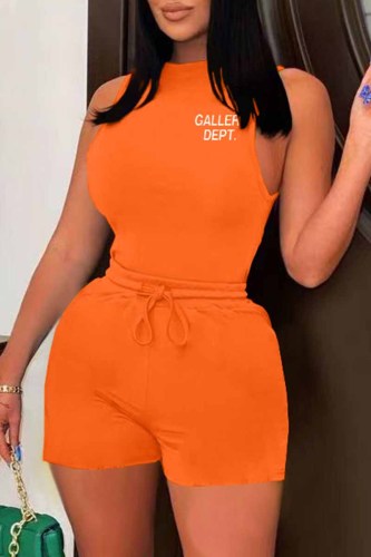 Orange Street Print Letter O Neck Sleeveless Two Pieces
