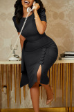Black Work Elegant Solid Patchwork Slit O Neck One Step Skirt Dresses