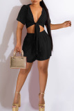 Black Sexy Street Solid Bandage Patchwork Fold Short Sleeve Two Pieces