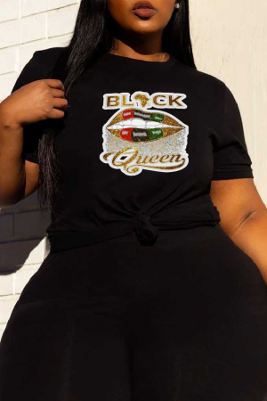 Black Street Lips Printed Patchwork Letter O Neck Plus Size Tops
