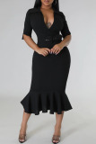 Black Elegant Solid Patchwork Flounce With Belt V Neck Trumpet Mermaid Dresses