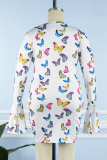 White Casual Butterfly Print Basic O Neck Long Sleeve Plus Size Dresses