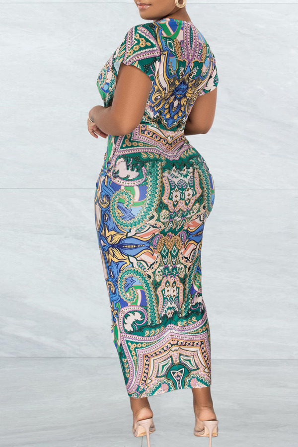 Sexy Vintage Print Flowers Slit Contrast Strapless One Step Skirt Dresses