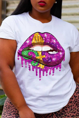 White Street Daily Lips Printed Patchwork O Neck Plus Size Tops