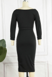 Black Casual Solid Patchwork V Neck One Step Skirt Dresses