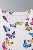 White Casual Butterfly Print Basic O Neck Long Sleeve Plus Size Dresses