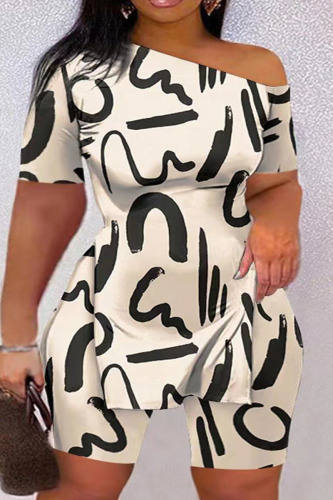 Apricot Casual Print Patchwork Slit Oblique Collar Plus Size Two Pieces