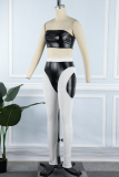 Black White Sexy Casual Patchwork Backless Contrast Strapless Sleeveless Two Pieces