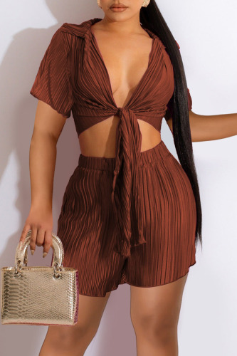 Brown Sexy Street Solid Bandage Patchwork Fold Short Sleeve Two Pieces
