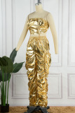 Gold Casual Solid Draw String Strapless Sleeveless Two Pieces