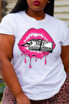 White Casual Vintage Lips Printed Patchwork O Neck Plus Size Tops