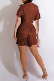 Brown Sexy Street Solid Bandage Patchwork Fold Short Sleeve Two Pieces