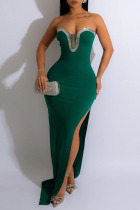 Green Sexy Solid Patchwork Slit Hot Drill Strapless Long Dress Dresses