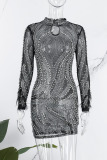 Black Sexy Patchwork Hot Drilling See-through Half A Turtleneck Long Sleeve Dresses