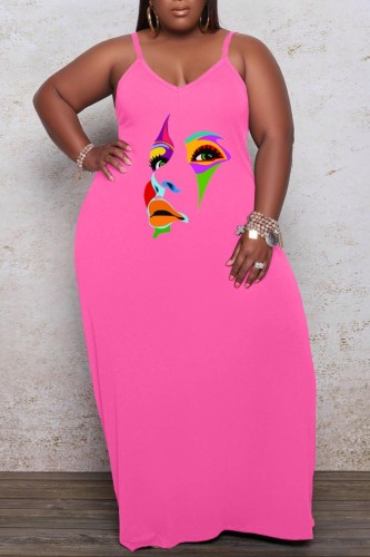 Pink Sexy Casual Print Backless Spaghetti Strap Long Dress Plus Size Dresses