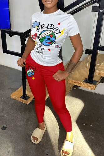 Red Casual Print Basic O Neck Short Sleeve Two Pieces