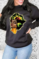 Black Street Vintage Print Patchwork O Neck Tops