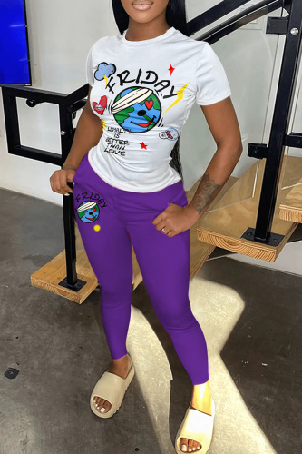 Purple Casual Print Basic O Neck Short Sleeve Two Pieces