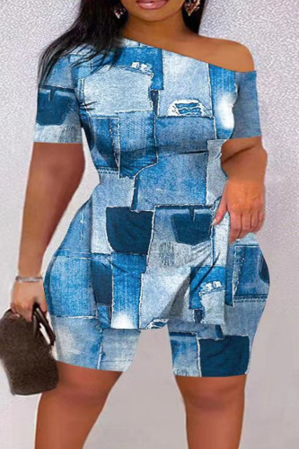 The cowboy blue Casual Print Patchwork Slit Oblique Collar Plus Size Two Pieces