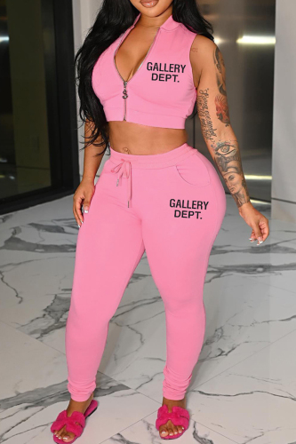Pink Sexy Letter Print Basic Zipper Collar Sleeveless Two Pieces