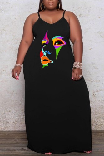Black Sexy Casual Print Backless Spaghetti Strap Long Dress Plus Size Dresses