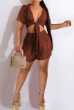 Brown Sexy Street Solid Bandage Patchwork Fold Short Sleeve Two Pieces