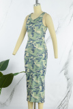 Army Green Sexy Casual Camouflage Print Basic O Neck Sleeveless Dress Dresses