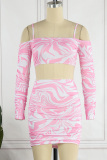 Pink Sexy Print Backless Off the Shoulder Long Sleeve Two Pieces