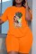 Orange Casual Print Basic O Neck Short Sleeve Two Pieces