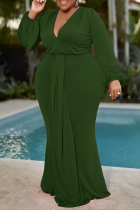 Ink Green Street Solid Patchwork V Neck Trumpet Mermaid Plus Size Dresses