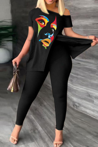 Black Casual Print Patchwork Slit Oblique Collar Short Sleeve Two Pieces
