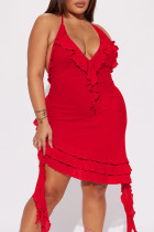 Red Sexy Solid Patchwork Flounce Halter Irregular Dress Dresses