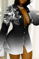 Black Casual Print Patchwork Turndown Collar Shirt Dress Dresses