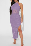 Purple Sexy Solid Patchwork Slit Fold Halter Pencil Skirt Dresses