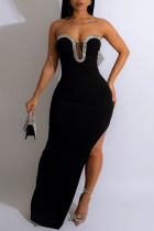 Black Sexy Solid Patchwork Slit Hot Drill Strapless Long Dress Dresses