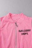 Pink Sexy Letter Print Basic Zipper Collar Sleeveless Two Pieces