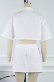 White Sexy Casual Solid Patchwork Turndown Collar Half Sleeve Two Pieces