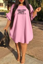 Pink Street Print Letter O Neck Irregular Dress Plus Size Dresses