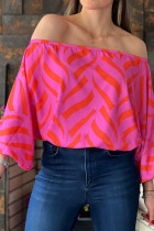 Rose Red Casual Print Patchwork Off the Shoulder Tops