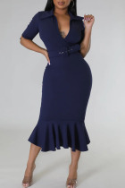 Blue Elegant Solid Patchwork Flounce With Belt V Neck Trumpet Mermaid Dresses