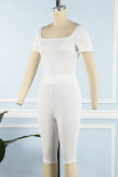 White Casual Sportswear Solid Patchwork U Neck Short Sleeve Two Pieces