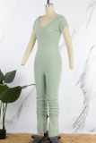 Green Casual Solid Basic V Neck Skinny Jumpsuits