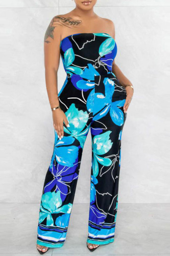 Blue Sexy Print Patchwork Strapless Straight Jumpsuits