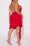 Red Sexy Solid Patchwork Flounce Halter Irregular Dress Dresses