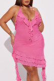Pink Sexy Solid Patchwork Flounce Halter Irregular Dress Dresses