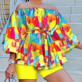 Plus Size Yellow Casual Print Patchwork With Belt Off the Shoulder Two Pieces