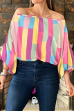Light Blue Casual Print Patchwork Off the Shoulder Tops