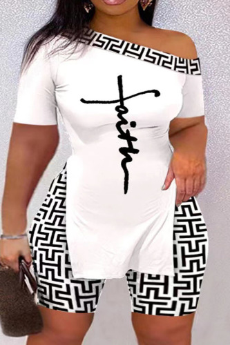 White Casual Print Patchwork Slit Oblique Collar Plus Size Two Pieces