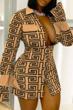 Khaki Casual Print Patchwork Turndown Collar Shirt Dress Dresses