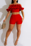 Red Sexy Solid Patchwork Fold Off the Shoulder Short Sleeve Two Pieces